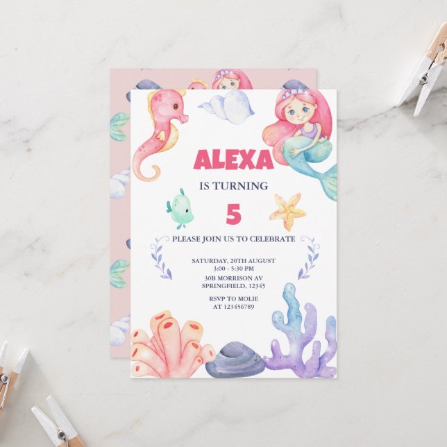 Mermaid Under the Sea Birthday Invitation (Front/Back In Situ)
