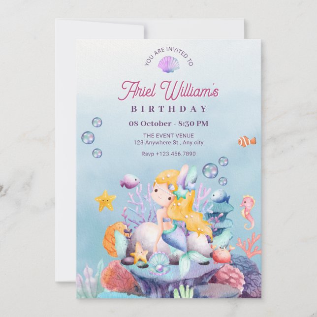 Mermaid under the sea birthday invitation (Front)
