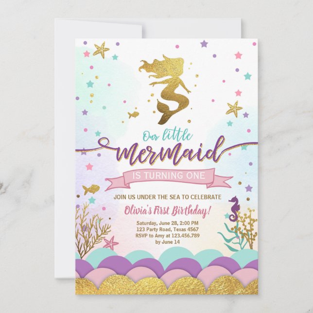 Mermaid Under the Sea Birthday Invitation Purple (Front)