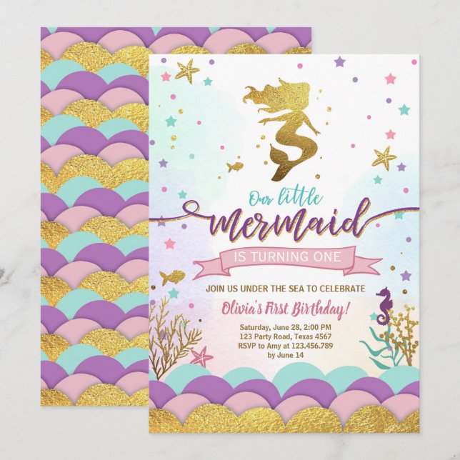 Mermaid Under the Sea Birthday Invitation Purple (Front/Back)