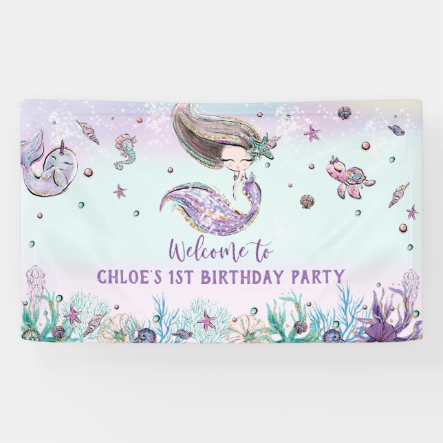 Mermaid Under the Sea Birthday Party Backdrop Banner (Horizontal)