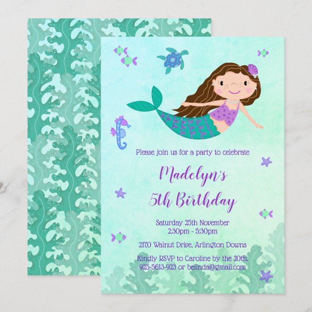 Mermaid Under The Sea Birthday Party Invitation (Front/Back)