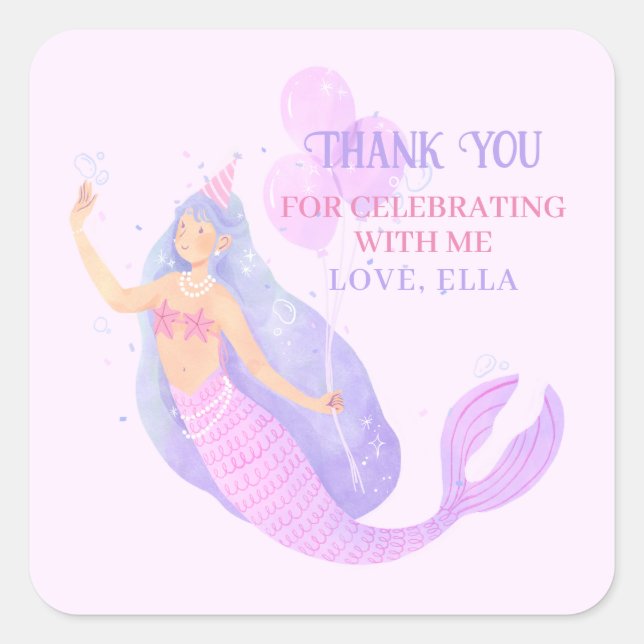 Mermaid Under the Sea Birthday Party Thank you Square Sticker (Front)