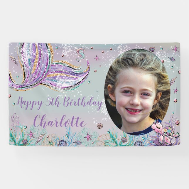 Mermaid Under the Sea Birthday Photo Backdrop Banner (Horizontal)