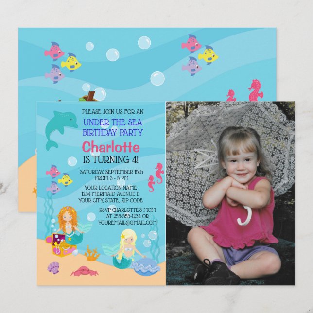 Mermaid Under the Sea Birthday Photo Invitation (Front/Back)