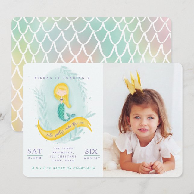 Mermaid under the sea birthday photo party invite. invitation (Front/Back)