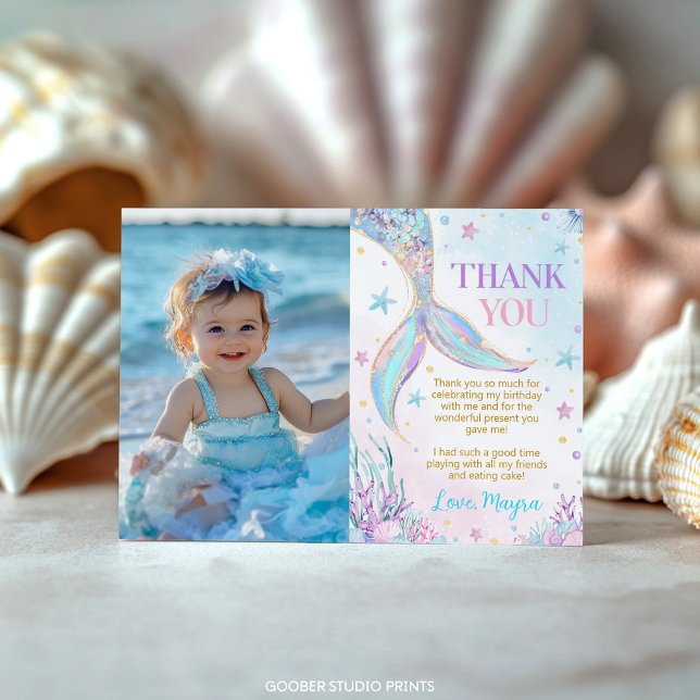 Mermaid Under the Sea Birthday Photo Thank You Card (Creator Uploaded)