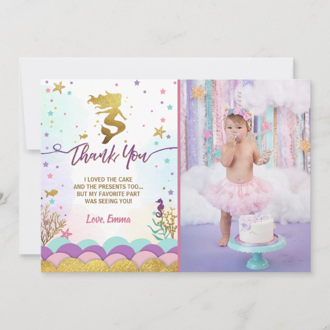 Mermaid Under the Sea Birthday Thank You Card (Front)