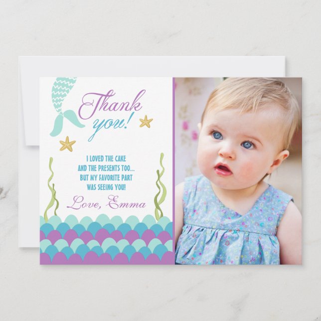 Mermaid Under the Sea Birthday Thank You Card (Front)