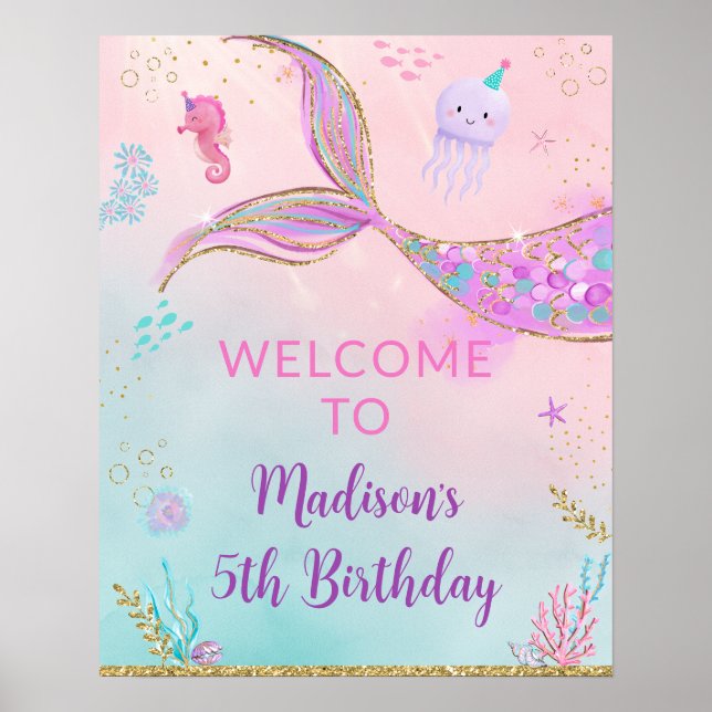 Mermaid Under the Sea Birthday Welcome Poster (Front)