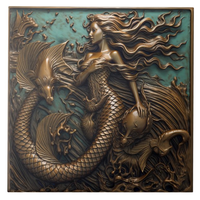 Mermaid Under The Sea Bronze 3D Effect Marine Tile (Front)