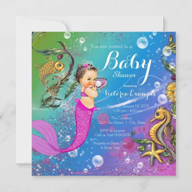 Mermaid Under the Sea Brunette Mermaid Baby Shower Invitation (Front)