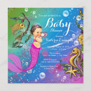 Mermaid Under the Sea Brunette Mermaid Baby Shower Invitation
