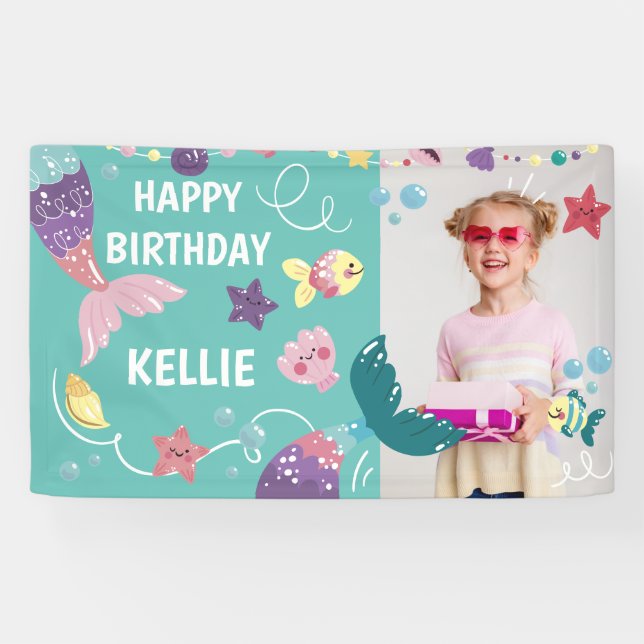 Mermaid Under The Sea Girl Birthday Photo Backdrop Banner (Horizontal)