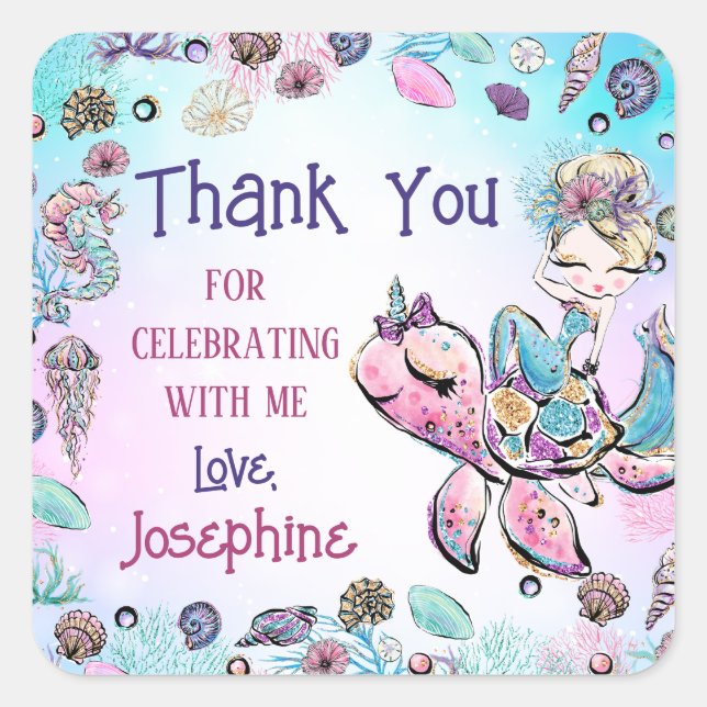 Mermaid Under the Sea Girl Birthday Thank You Gift Square Sticker (Front)