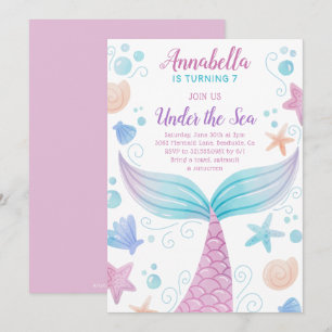 Mermaid Under the Sea Girl Watercolor Birthday Invitation