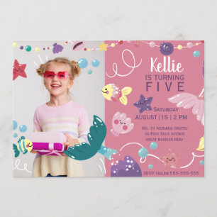 Mermaid Under The Sea Girls Birthday Photo Pink Invitation