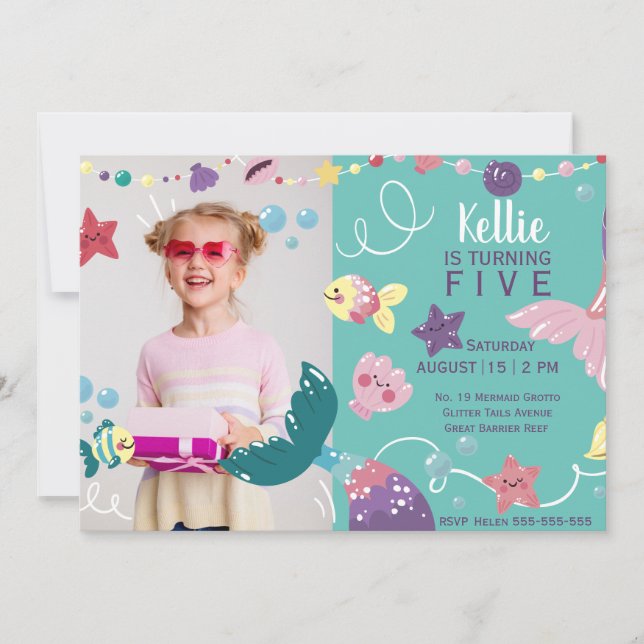 Mermaid Under The Sea Girls Birthday Photo Purple Invitation (Front)