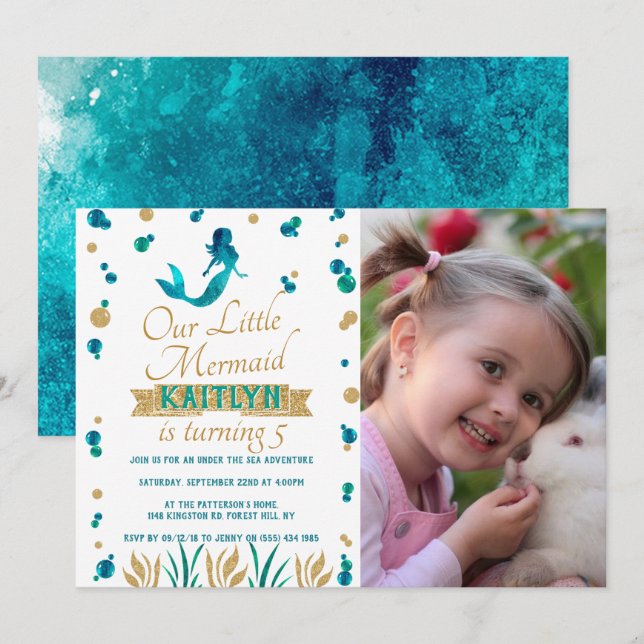 Mermaid Under The Sea Girls Photo Any Age Birthday Invitation (Front/Back)