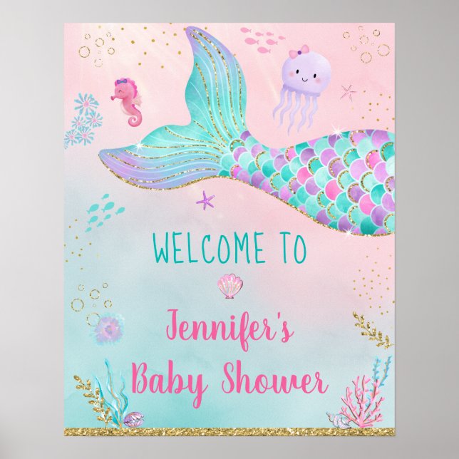 Mermaid Under The Sea Gold Baby Shower Welcome Poster (Front)