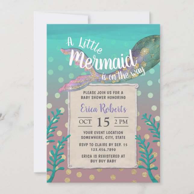 Mermaid Under the Sea Gold Dots Girl Baby Shower Invitation (Front)