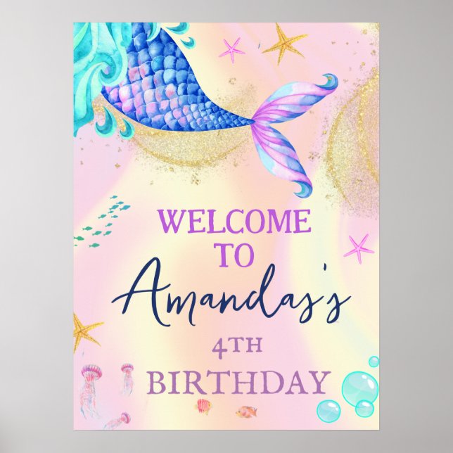 Mermaid Under the Sea Gold Glitter Birthday Party Poster (Front)