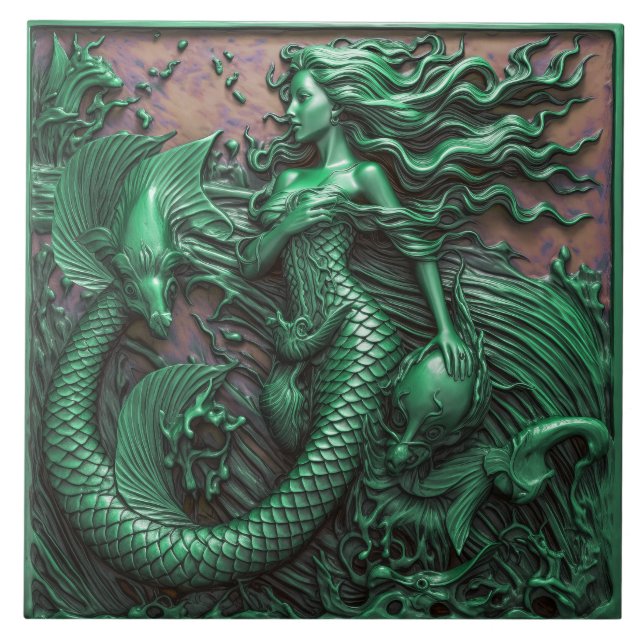 Mermaid Under The Sea Green 3D Effect Marine Tile (Front)