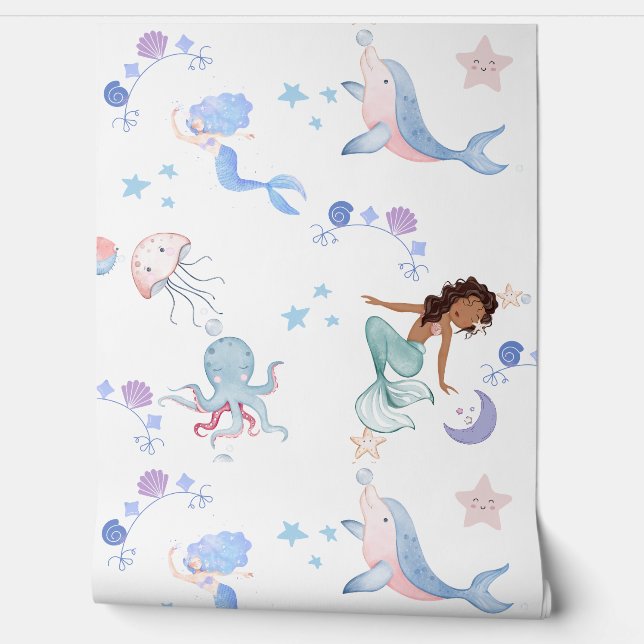 Mermaid under the sea kid's room wallpaper (Unrolling)