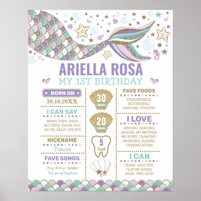 Mermaid Under the Sea Ocean 1st Birthday Milestone Poster (Front)