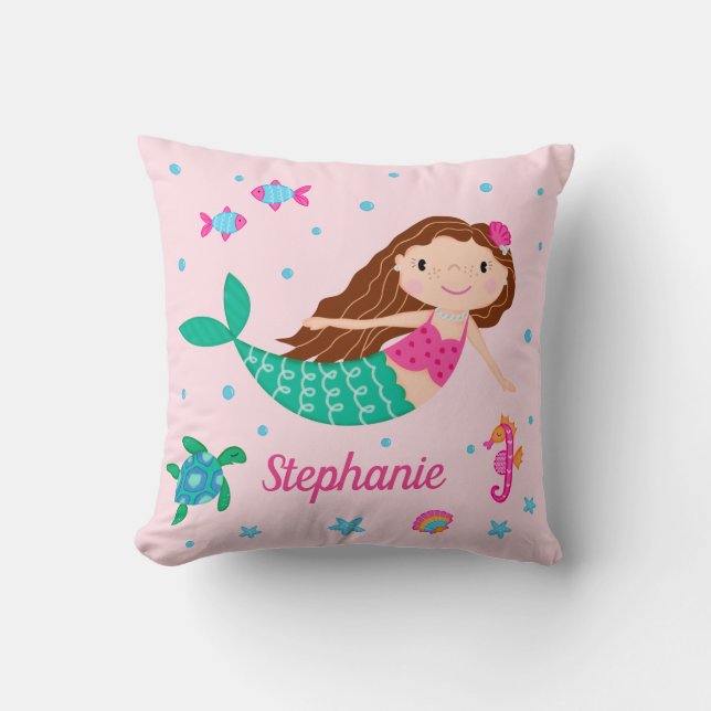 Mermaid Under The Sea Personalised Pink Cushion (Front)