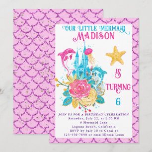 Mermaid Under the Sea Pink Glitter Birthday Party Invitation