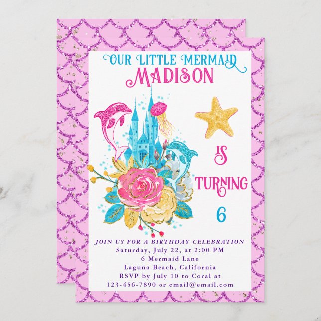 Mermaid Under the Sea Pink Glitter Birthday Party Invitation (Front/Back)