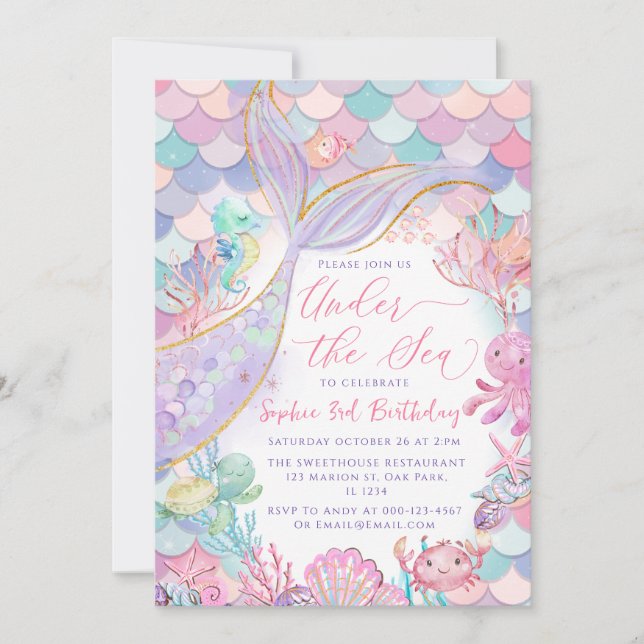Mermaid Under the Sea Pink Purple Birthday Invitation (Front)