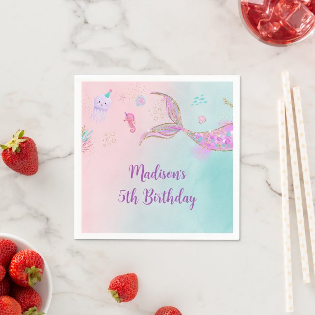 Mermaid Under the Sea Pink Purple Birthday Napkin (Insitu)