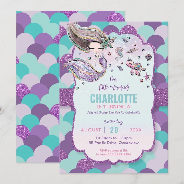 Mermaid Under the Sea Pool Birthday Party Purple Invitation (Front/Back)