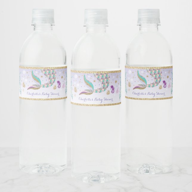 Mermaid Under the Sea Pool Party Purple Mint Gold Water Bottle Label (Bottles)