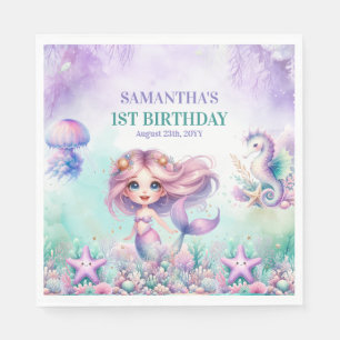 Mermaid Under the Sea purple and teal 1st birthday Napkin