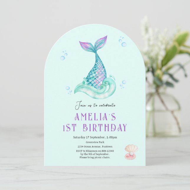Mermaid Under the sea teal birthday invitation (Standing Front)