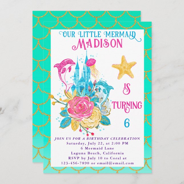 Mermaid Under the Sea Turquoise and Gold Birthday Invitation (Front/Back)