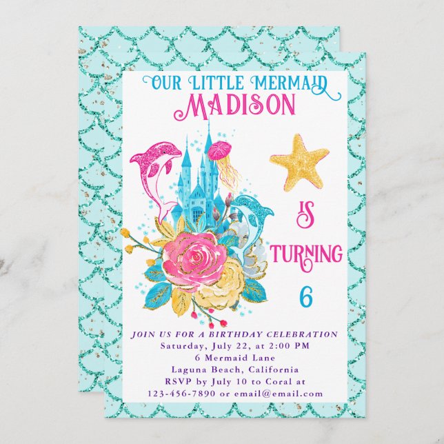 Mermaid Under the Sea Turquoise Glitter Birthday Invitation (Front/Back)