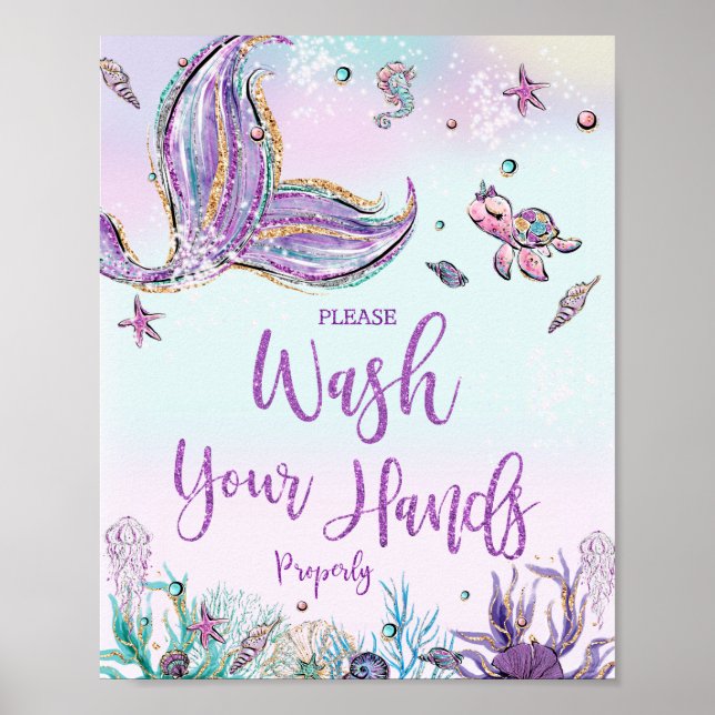 Mermaid Under the Sea Wash Your Hands Bathroom Poster (Front)