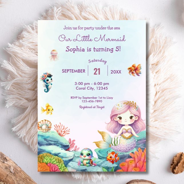 Mermaid Under The Sea Watercolor Birthday Party Invitation (Creator Uploaded)