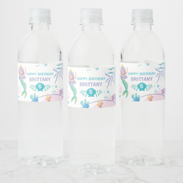 Mermaid Under the Sea Watercolor birthday  Water Bottle Label (Bottles)