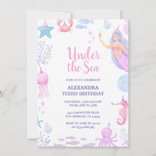 Mermaid Under the Sea Watercolor Girl 3rd Birthday Invitation