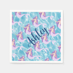 Mermaid under the sea watercolor ocean kids party napkin
