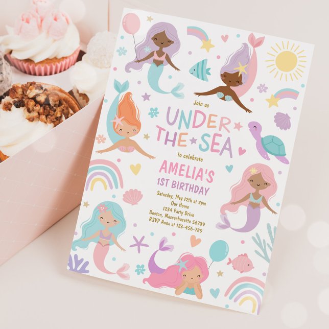 Mermaid Under The Sea Whimsical 1st Birthday Party Invitation (Creator Uploaded)