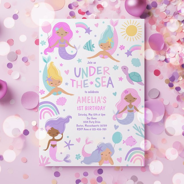 Mermaid Under The Sea Whimsical 1st Birthday Party Invitation (Creator Uploaded)