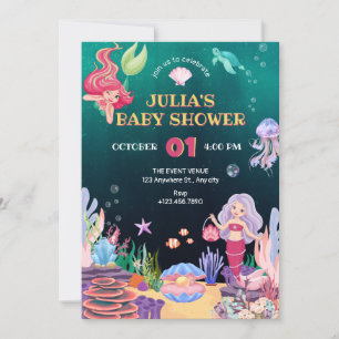 Mermaid underwater flora and fauna baby shower invitation