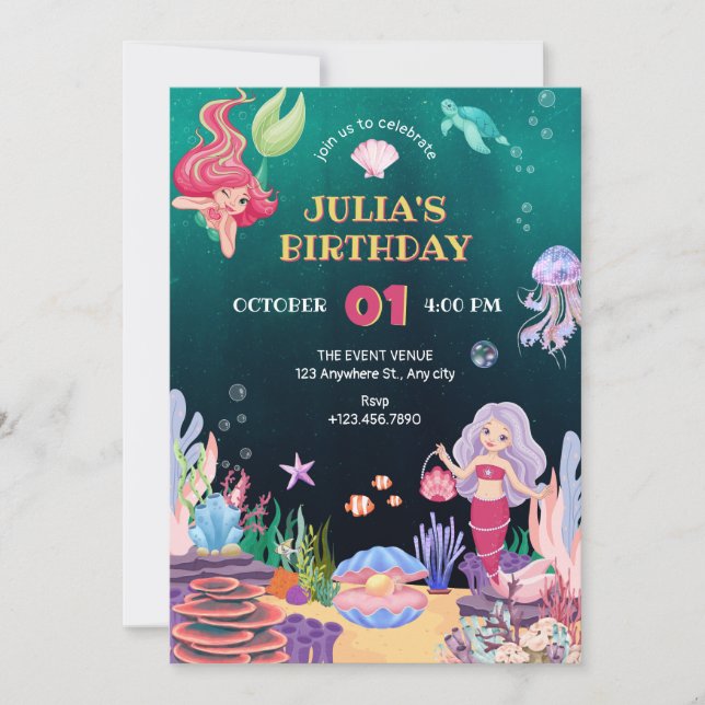 Mermaid underwater flora and fauna birthday invitation (Front)