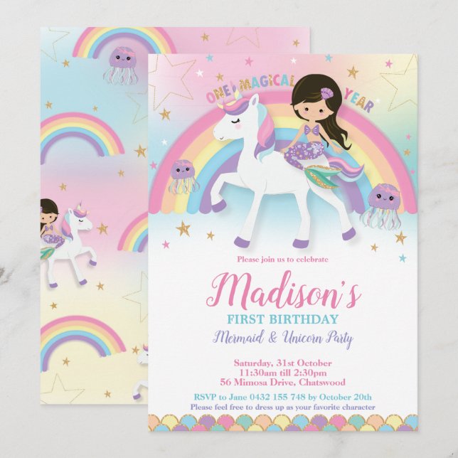 Mermaid Unicorn 1st First Birthday Party Invitation (Front/Back)